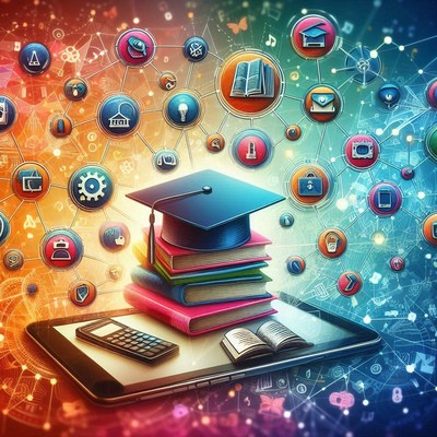 Digital learning tools and education symbols around books