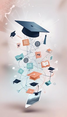 Graduation caps and learning icons in digital network
