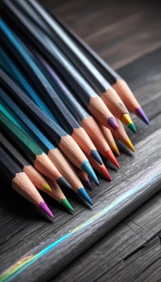 Colorful pencils arranged on dark wooden surface