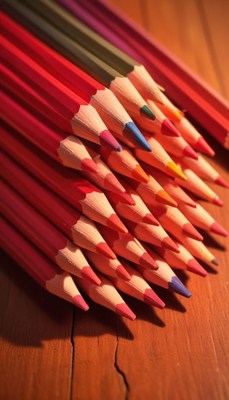 Colorful pencils arranged on wooden surface
