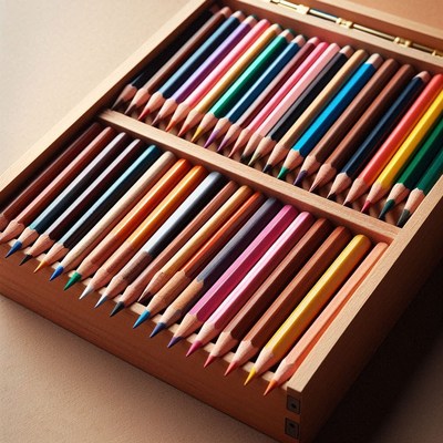 Colorful pencils neatly arranged in wooden box