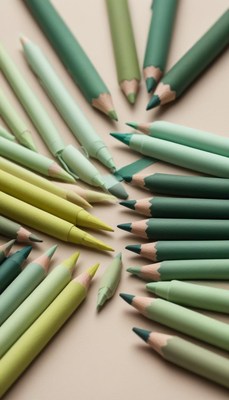 Green colored pencils arranged on a light background
