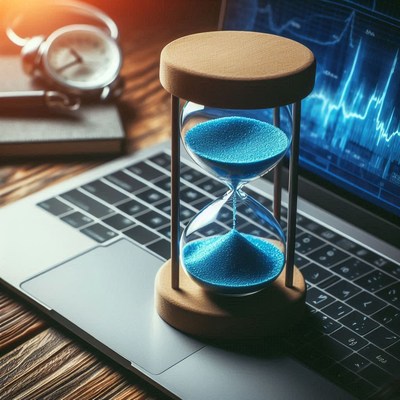 Sand timer on laptop with graphs and clock in office