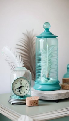 Decorative clocks and feathers in aesthetic display