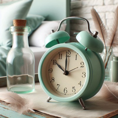 Vintage alarm clock on a nightstand with glass bottle
