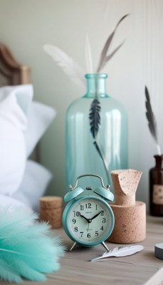 Vintage alarm clock and decorative elements on table