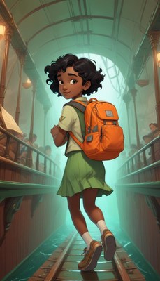 Girl with orange backpack in school corridor