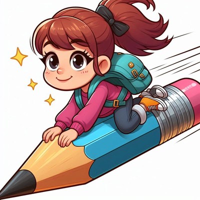 Girl riding a giant pencil in colorful animation