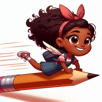 Young girl flying on a giant pencil with wings