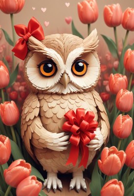 Cute owl holding flowers surrounded by tulips