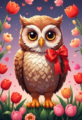 Cute owl holding a red bow surrounded by flowers
