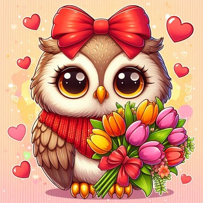 Cute cartoon owl with flowers on a soft background