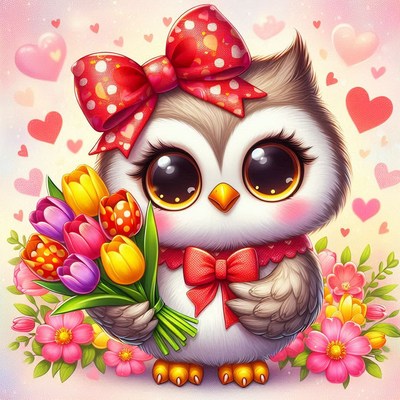 Cute owl holding flowers in heart-themed background