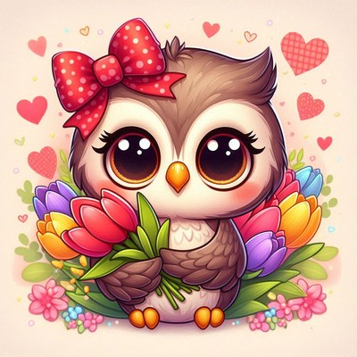 Cute owl with flowers and bow surrounded by hearts