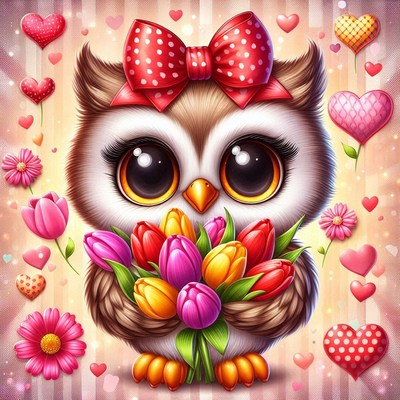 Cute owl holding tulips surrounded by hearts