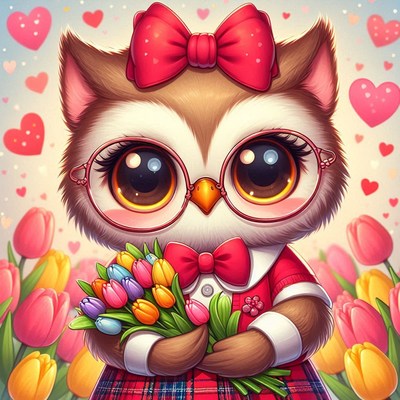 Cute owl character holding flowers among tulips