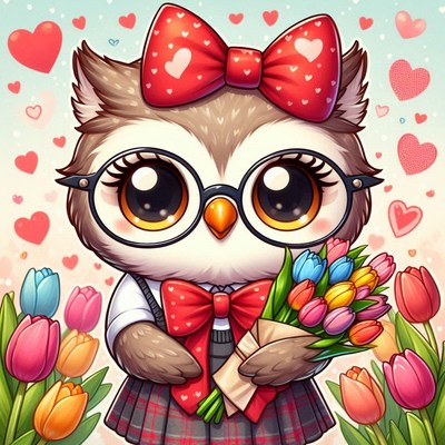 Cute owl character with flowers surrounded by hearts