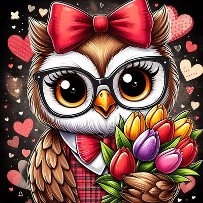Cute owl holding colorful flowers with heart background