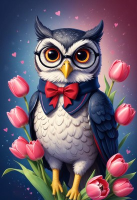 Owl wearing glasses surrounded by pink tulips