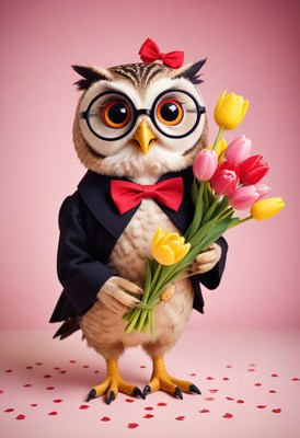 Adorable owl in tuxedo holding flowers on pink background