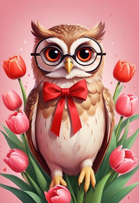 Cute owl with glasses surrounded by pink tulips