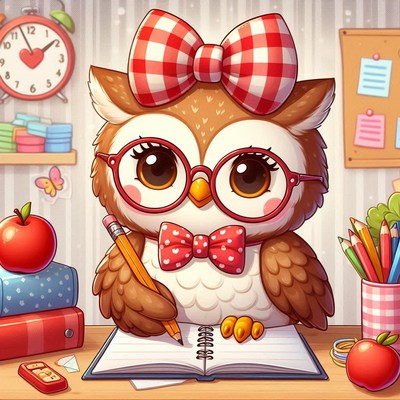 Cute owl studying at a desk with school supplies