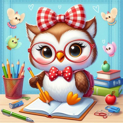 Cute owl studying in classroom with stationery