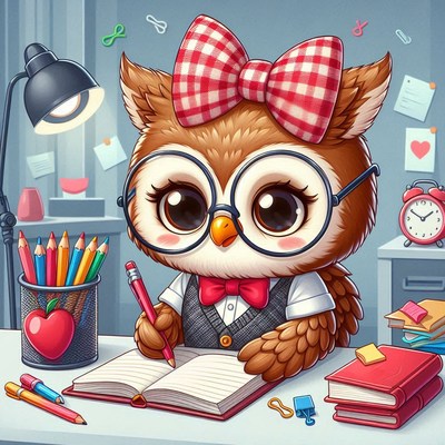 Adorable owl student studying at a desk