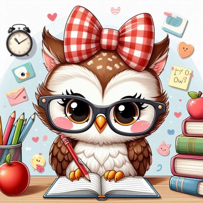 Cute owl studying with notebook and school supplies