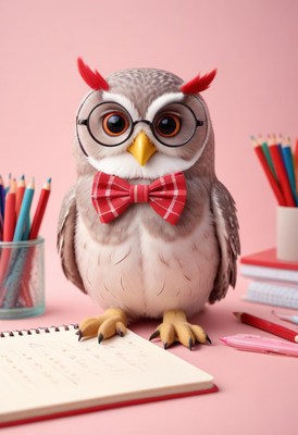 Scholarly owl in glasses with bow tie and stationery