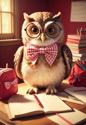Scholarly owl in classroom setting with accessories