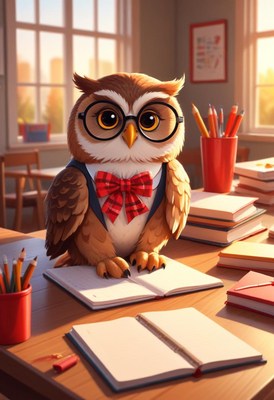 Owl wearing glasses and bow tie in classroom setting
