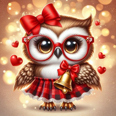 Cute owl in red glasses and skirt with hearts
