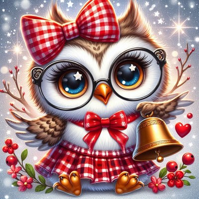 Cute cartoon owl in dress with bow and bell