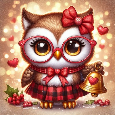 Festively dressed owl with bell and heart decorations