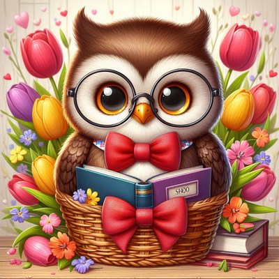 Cute owl with glasses in a flower basket reading books