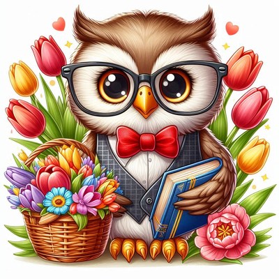 Cute owl in glasses holding a book and flowers