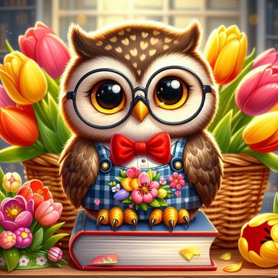 Cute owl with glasses surrounded by colorful flowers