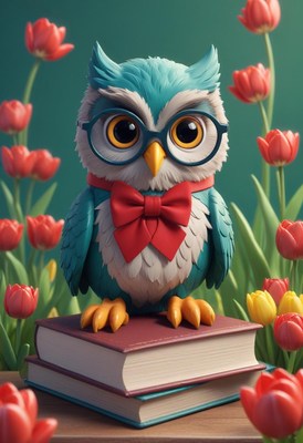 Colorful owl with glasses and bowtie among tulips