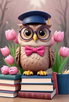 Cheerful graduation owl with books and tulips