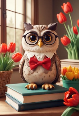 Owl wearing glasses and bow tie surrounded by flowers