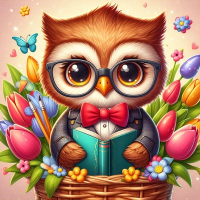 Cute owl in glasses holding book surrounded by flowers