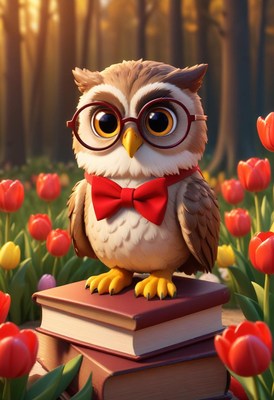 Owl with glasses and bow tie in flower field