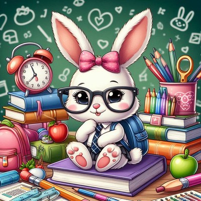 Cute bunny with glasses surrounded by school supplies