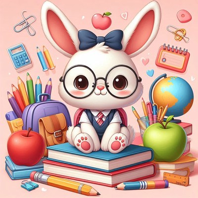 Cute bunny student surrounded by school supplies
