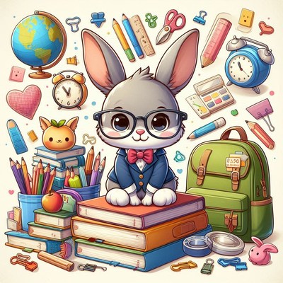 Cute bunny dressed for school surrounded by supplies