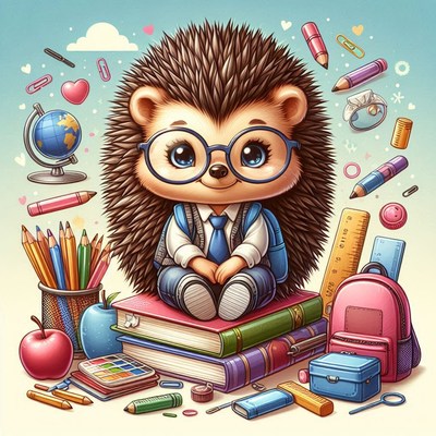 Adorable hedgehog with glasses surrounded by school supplies
