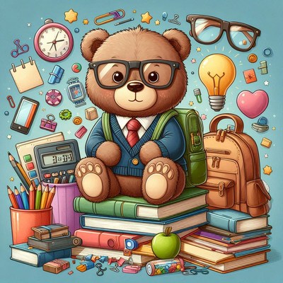 Cute bear character surrounded by school supplies