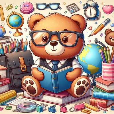 Cute bear reading in a classroom surrounded by supplies
