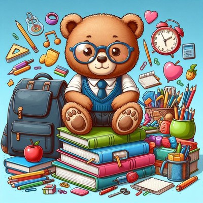 Adorable bear in glasses surrounded by school supplies